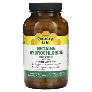 Бетаина гидрохлорид, Betaine Hydrochloride, Country Life, 600 мг, 250 таблеток