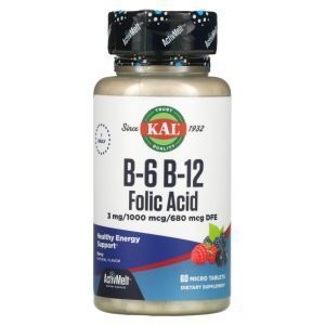 Витамин B12 + B6 фолиевая кислота, Vitamin B-6 B-12 Folic Acid, KAL, ягоды, 60 таблеток