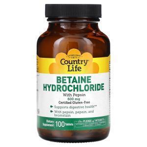 Бетаина гидрохлорид, Betaine Hydrochloride, Country Life, с пепсином, 600 мг, 100 таблеток
