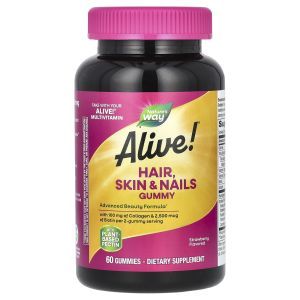Мультивитамины для волос, кожи и ногтей, Nature's Way, Alive! клубника, 60 жевательных конфет
