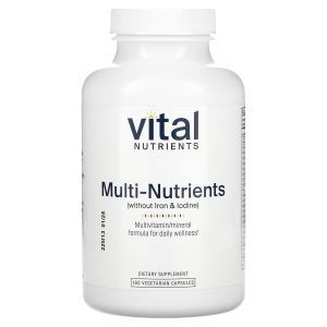 Мультивитамины и минералы без железа и йода, Multi-Nutrients, Vital Nutrients, 180 вегетарианских капсул