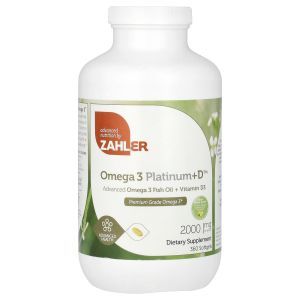 Рыбий жир с омега-3 + витамин D3, Omega 3 Platinum+D,  Zahler, 2000 мг, 360 гелевых капсул (1000 мг на гелевую капсулу)