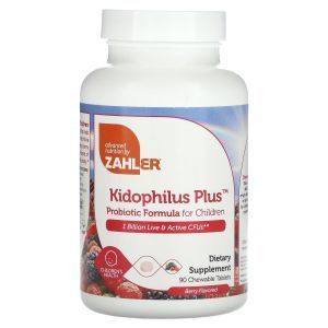 Пробиотики для детей, Kidophilus Plus, Probiotic Formula, Zahler, 1 млрд. КОЕ, вкус ягод, 90 жевательных таблеток