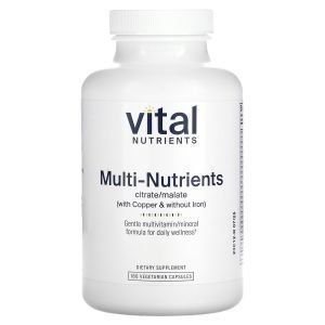 Мультивитамины и минералы, формула цитрата / малата (с медью и без железа), Multi-Nutrients, Vital Nutrients, 180 вегетарианских капсул
