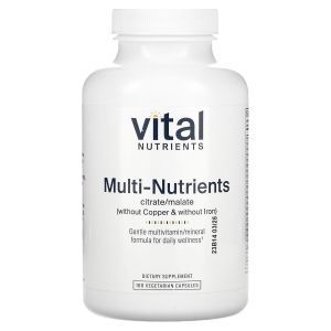 Мультивитамины и минералы, формула цитрата / малата (без меди и железа), Multi-Nutrients 3, Vital Nutrients, 180 вегетарианских капсул