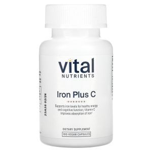Железо + витамин С, поддержка при анемии, Iron Plus C, Vital Nutrients, 100 веганских капсул