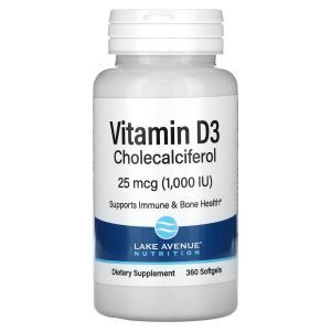 Витамин Д3, Vitamin D3, Lake Ave. Nutrition, 1000 МЕ, 360 гелевых капсул