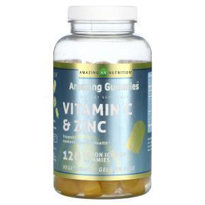 Витамин С и цинк, Vitamin C & Zinc, Amazing Gummies, Amazing Nutrition, вкус лимонного мороженого, 120 жевательных конфет
