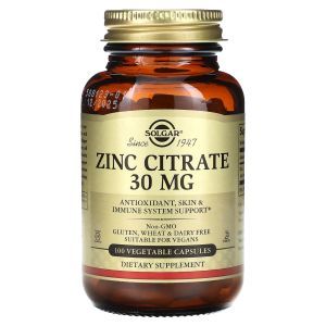 Цитрат цинка, Zinc Citrate, Solgar, 30 мг, 100 капсул