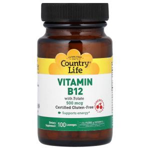 Витамин В-12 и фолиевая кислота, Vitamin B12, Country Life, вкус вишни, 500 мкг, 100 леденцов