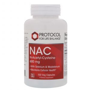 Ацетилцистеин, NAC N-Acetyl-Cysteine, Protocol for Life Balance, 600 мг, 100 капсул