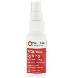 Витамины Д3 и K2, Vitamins D3 & K2, Liposomal Spray, Protocol for Life Balance, 59 мл