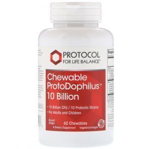 Пробиотики дофилус, ProtoDophilus, Protocol for Life Balance, 10 млрд, 60 жевательных таблеток