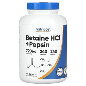 Бетаин гидрохлорид, Betaine HCl, Nutricost, с пепсином, 240 капсул