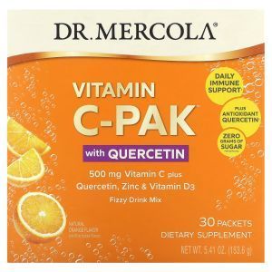 Вітамін С + кверцетин, цинк та вітамін D3, Vitamin C-PAK with Quercetin, Dr. Mercola, зі смаком апельсина, 500 мг, 30 пакетиків (5.12 кожен)