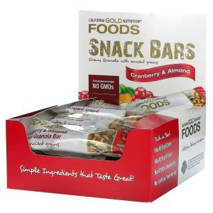 Закусочные батончики, FOODS, Cranberry & Almond Chewy Granola Bars, California Gold Nutrition, клюква с миндалём, 12 шт, 40 г каждый