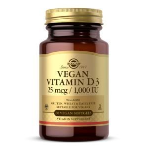 Витамин Д3 веганский, Vegan Vitamin D3, Solgar, 25 мкг (1000 МЕ), 60 веганских гелевых капсул
