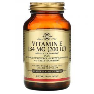 Витамин Е, Vitamin E, Solgar, 134 мг (200 МЕ), 100 вегетарианских гелевых капсул
