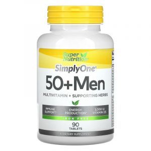 Мультивитамины для мужчин 50+, Men Multivitamins, Super Nutrition, без железа, + поддерживающие травы, 90 таблеток