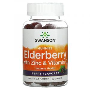Бузина с цинком и витамином С, Elderberry , Swanson, вкус ягод, 60 жевательных конфет

