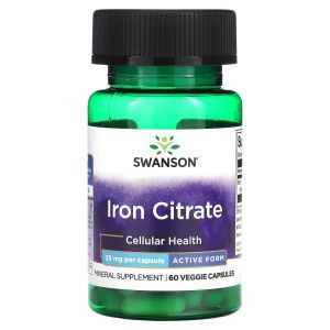Цитрат железа, Iron Citrate, Swanson, активная форма, 25 мг, 60 вегетарианских капсул