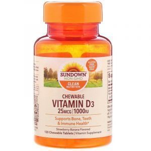 Витамин Д3 , вкус клубники и банана, Chewable Vitamin D3, Sundown Naturals, 25 мг (1000 МЕ), 120 жевательных таблеток