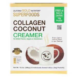 Кокосовые сливки с коллагеном, Collagen Coconut Creamer, SUPERFOODS, California Gold Nutrition, неподслащенный, 12 пакетиков по 24 г каждый